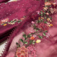 WINE COLOUR CHANDERI SILK EMBROIDERED UNSTITCHED SUIT WITH ORGANZA DUPATTA EMBELLISHED WITH FRENCH KNOT EMBROIDERY