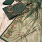 GREEN COLOUR CHANDERI SILK EMBROIDERED UNSTITCHED SUIT WITH ORGANZA DUPATTA EMBELLISHED WITH FRENCH KNOT EMBROIDERY