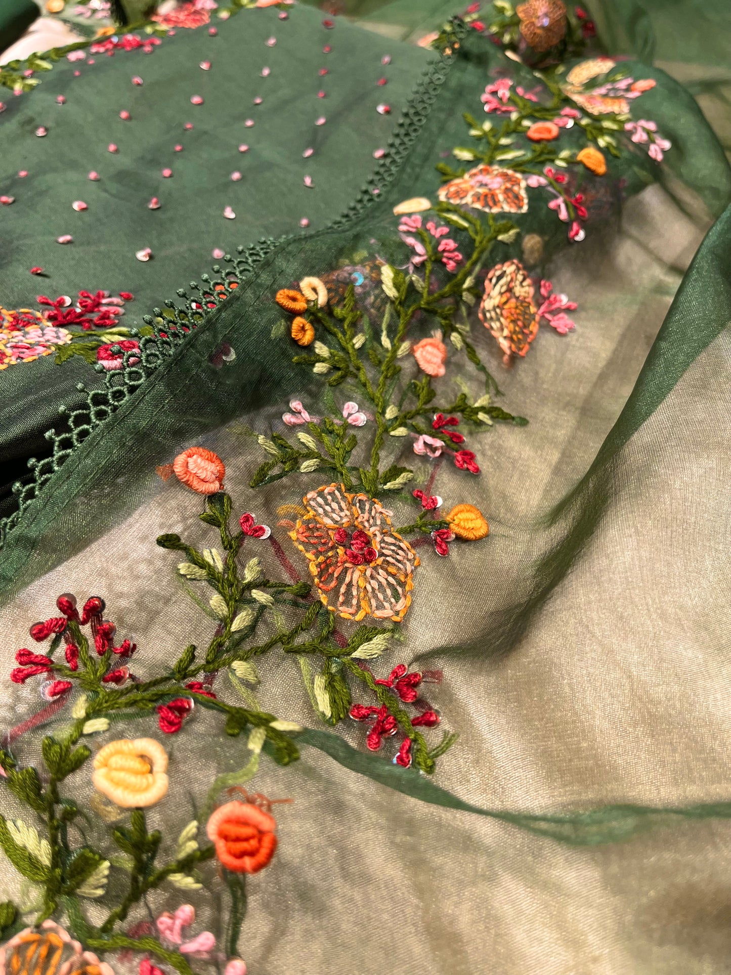 GREEN COLOUR CHANDERI SILK EMBROIDERED UNSTITCHED SUIT WITH ORGANZA DUPATTA EMBELLISHED WITH FRENCH KNOT EMBROIDERY