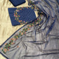 ( DELIVERY IN 25 DAYS ) BLUE COLOUR CHANDERI SILK EMBROIDERED UNSTITCHED SUIT WITH ORGANZA DUPATTA EMBELLISHED WITH FRENCH KNOT EMBROIDERED