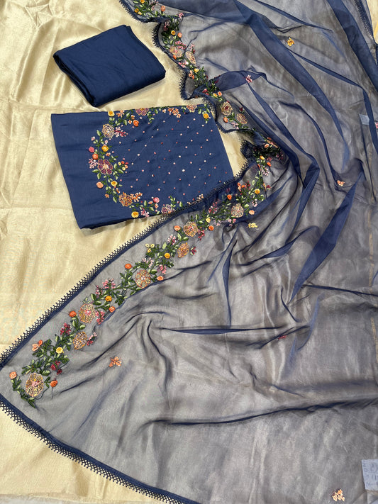( DELIVERY IN 25 DAYS ) BLUE COLOUR CHANDERI SILK EMBROIDERED UNSTITCHED SUIT WITH ORGANZA DUPATTA EMBELLISHED WITH FRENCH KNOT EMBROIDERED