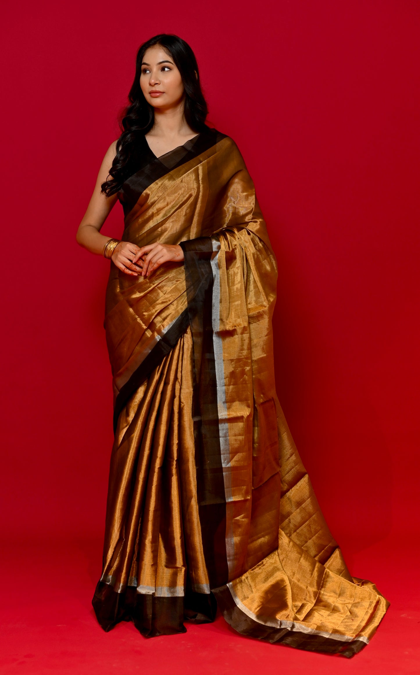 GOLDEN COLOUR CHANDERI TISSUE HANDLOOM SAREE WITH MATCHING BLOUSE