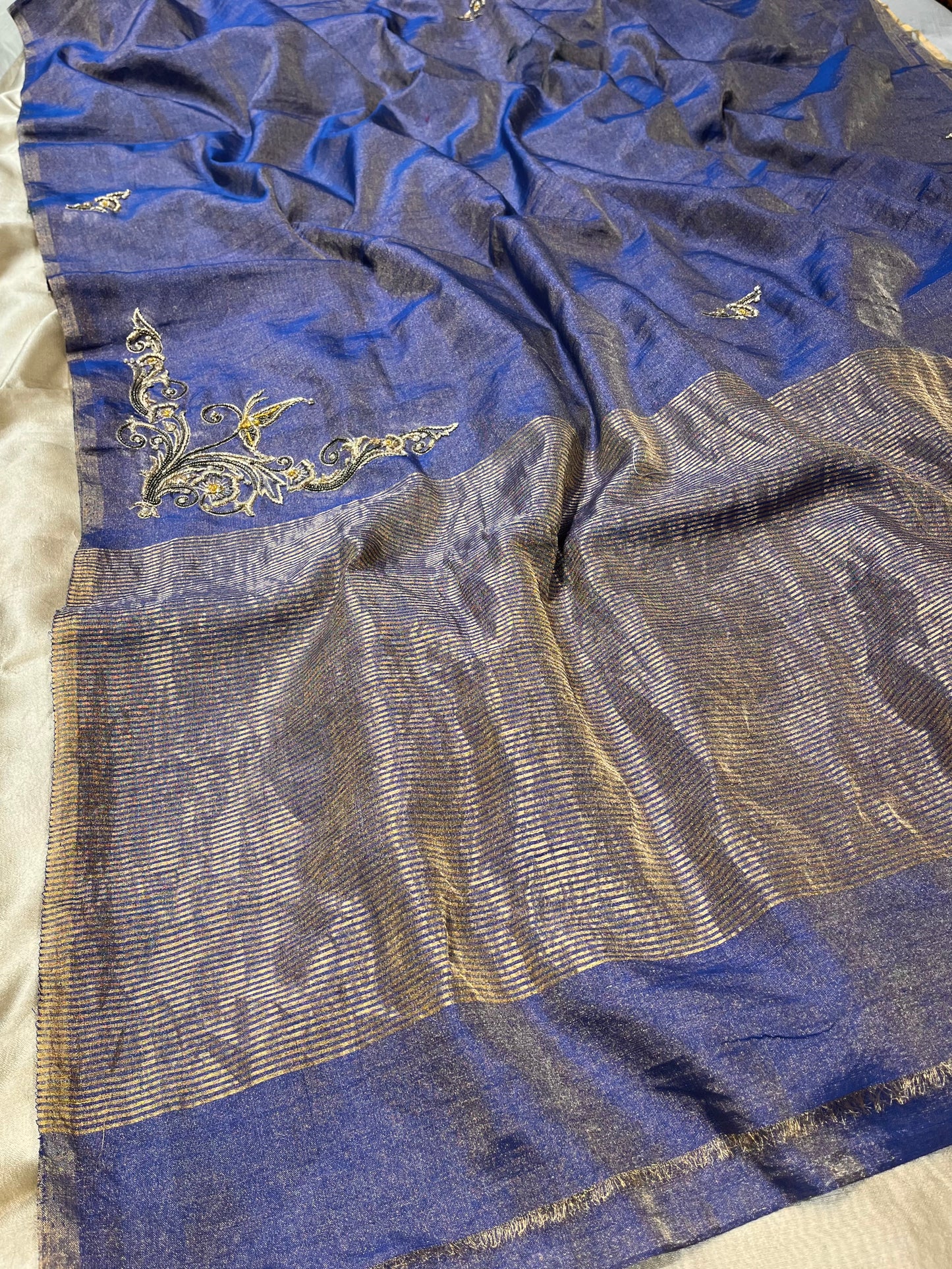 BLUE COLOUR CHANDERI TISSUE HAND EMBROIDERED SAREE EMBELLISHED WITH ZARDOZI WORK
