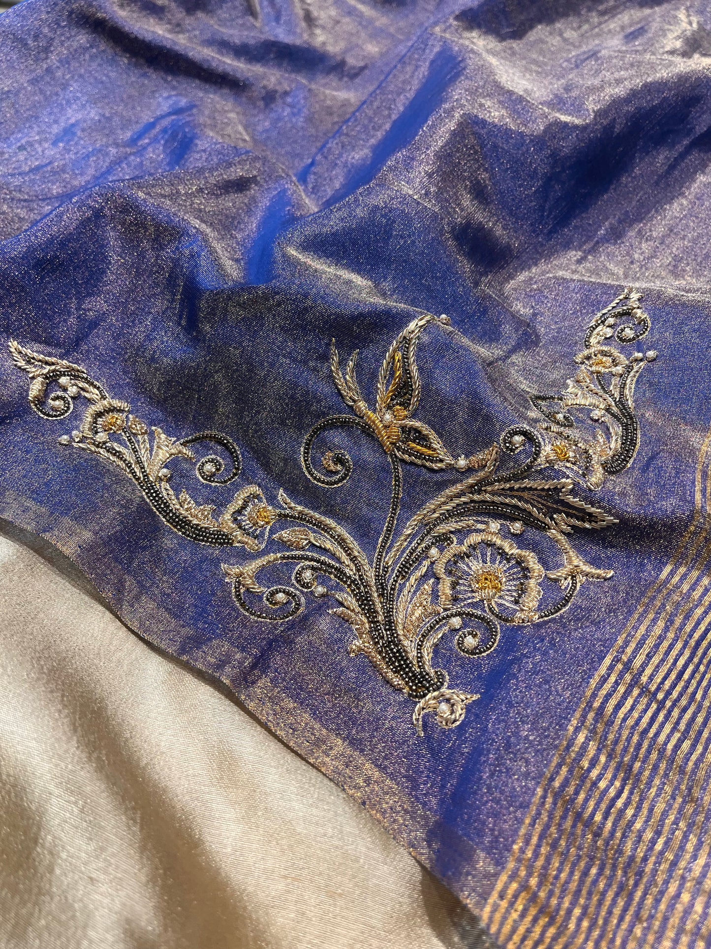 BLUE COLOUR CHANDERI TISSUE HAND EMBROIDERED SAREE EMBELLISHED WITH ZARDOZI WORK