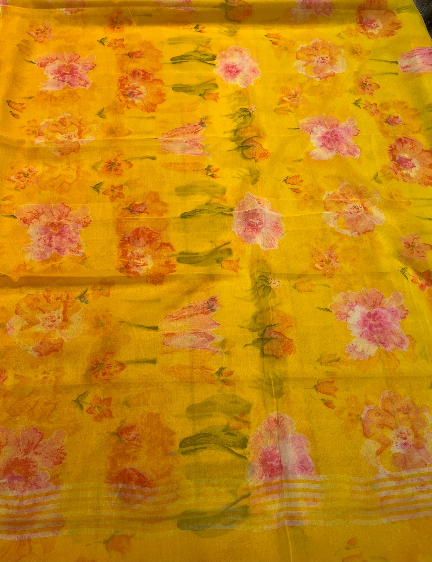 YELLOW COLOUR SHADED SEMI CHIFFON FLORAL PRINTED SAREE