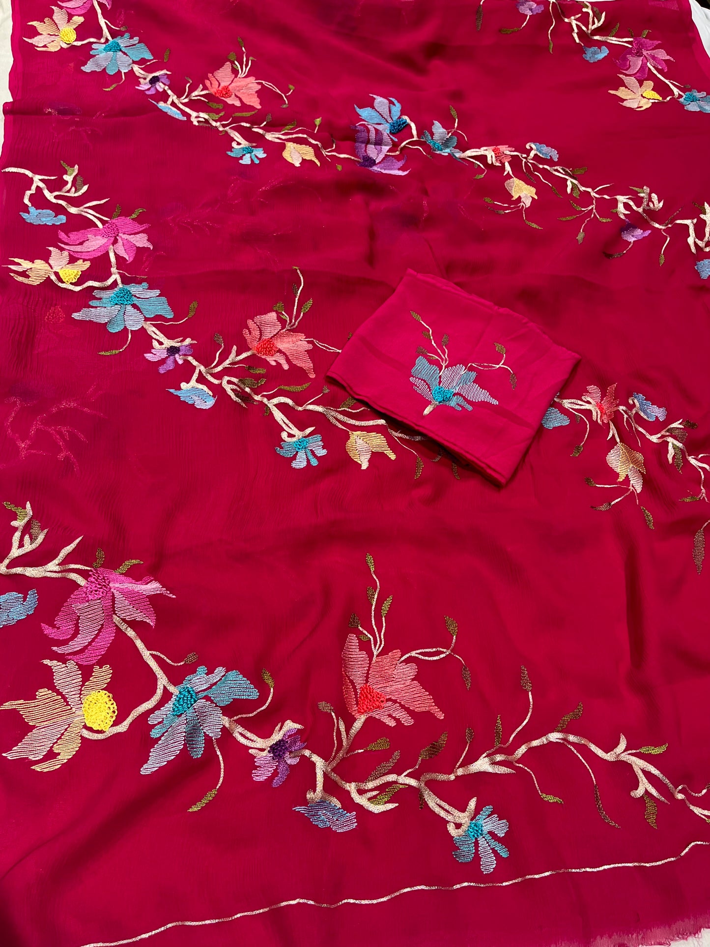 HOT PINK COLOUR PURE PLATINUM HAND EMBROIDERED CHIFFON SAREE EMBELLISHED WITH ZARI & RESHAM WORK ( DELIVERY IN 25-30 DAYS ) - Kothari Sons