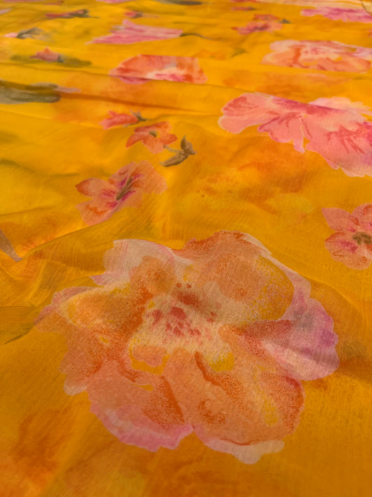 YELLOW COLOUR SHADED SEMI CHIFFON FLORAL PRINTED SAREE