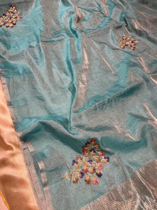 SKY BLUE COLOUR CHANDERI TISSUE HAND EMBROIDERED SAREE EMBELLISHED WITH SEQUINS & CUTDANA WORK