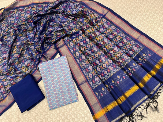 WHITE COLOUR IKAT SILK UNSTITCHED SUIT WITH CONTRAST DUPATTA