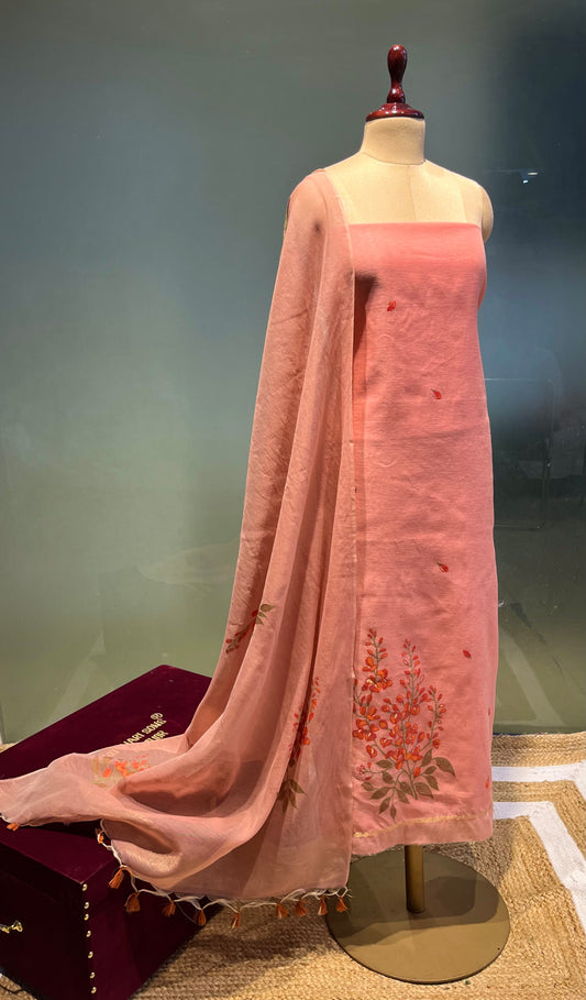PINK COLOUR TANT DHAKAI JAMDANI UNSTITCHED SUIT WITHOUT BOTTOM ( DRESS MATERIAL )