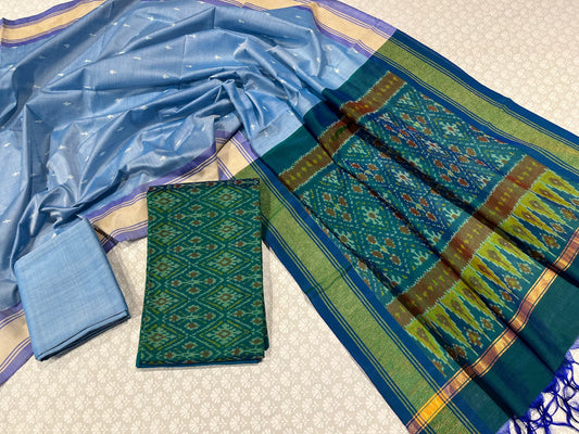 GREEN COLOUR IKAT SILK UNSTITCHED SUIT WITH CONTRAST DUPATTA