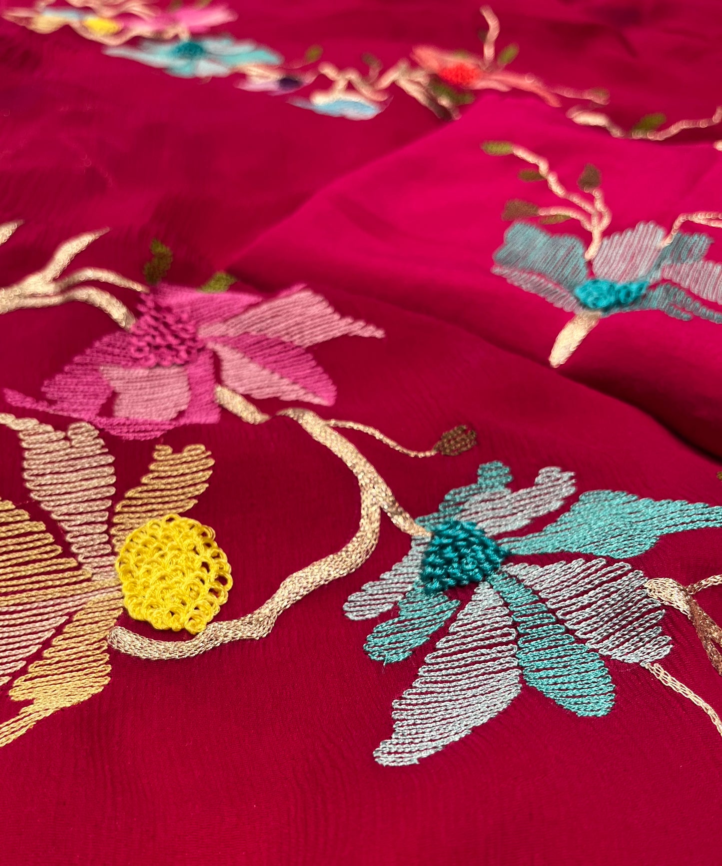 HOT PINK COLOUR PURE PLATINUM HAND EMBROIDERED CHIFFON SAREE EMBELLISHED WITH ZARI & RESHAM WORK ( DELIVERY IN 25-30 DAYS ) - Kothari Sons