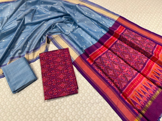 VOILET COLOUR IKAT SILK UNSTITCHED SUIT WITH CONTRAST DUPATTA