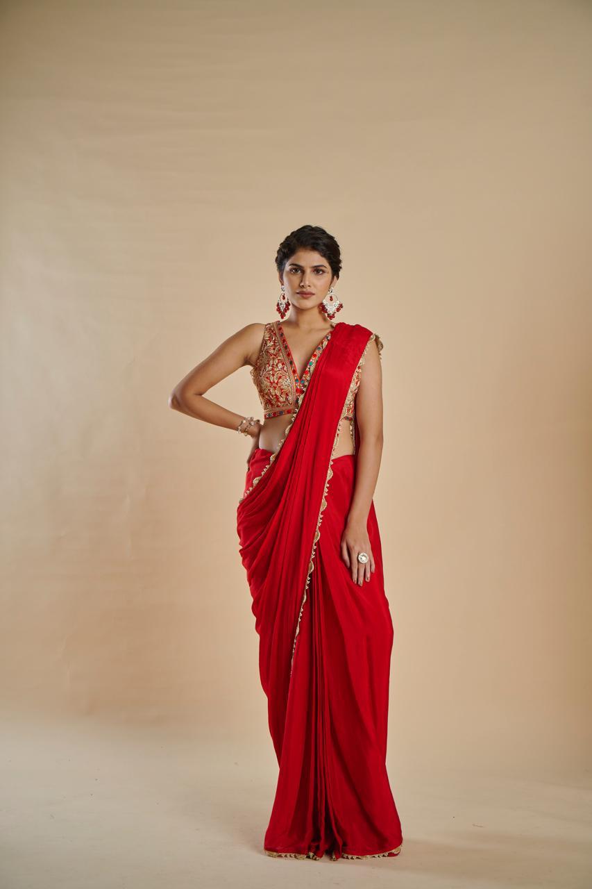 RED COLOUR CHINON FABRIC READYMADE SAREE WITH READYMADE BLOUSE