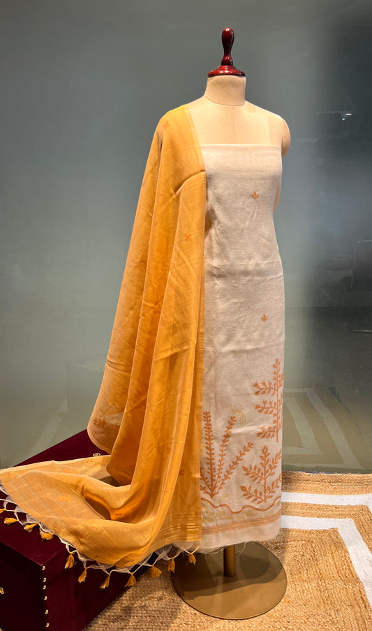 BEIGE COLOUR TANT DHAKAI JAMDANI UNSTITCHED SUIT WITHOUT BOTTOM ( DRESS MATERIAL )