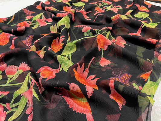 ( DELIVERY IN 25 DAYS ) BLACK COLOUR PURE CHIFFON PRINTED SAREE