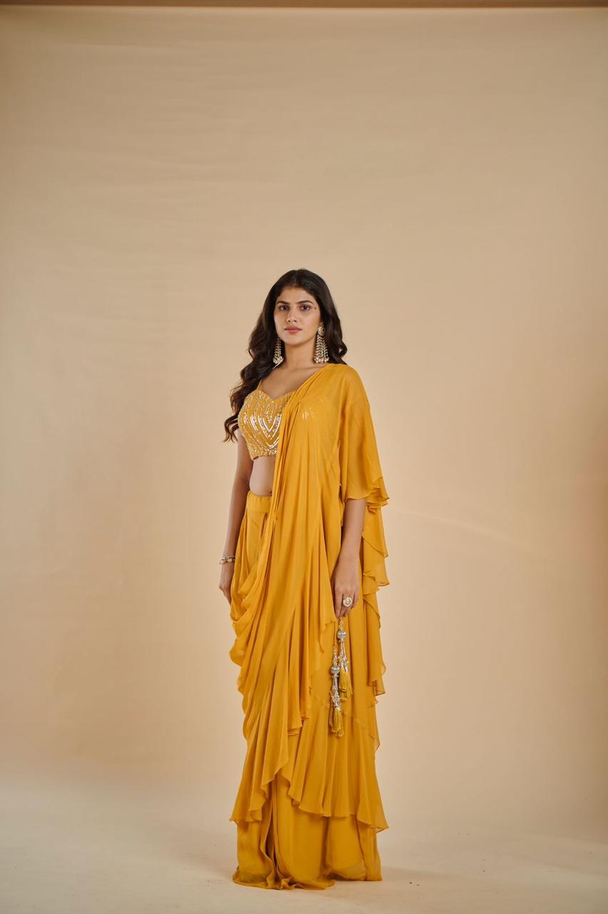 YELLOW COLOUR FOUR IN ONE COMBO DRESS - CROP TOP, SAREE, PLAZZO & JACKET, THIS UNIQUE VERSATILE DRESS CAN BE WORN IN MANY STYLE