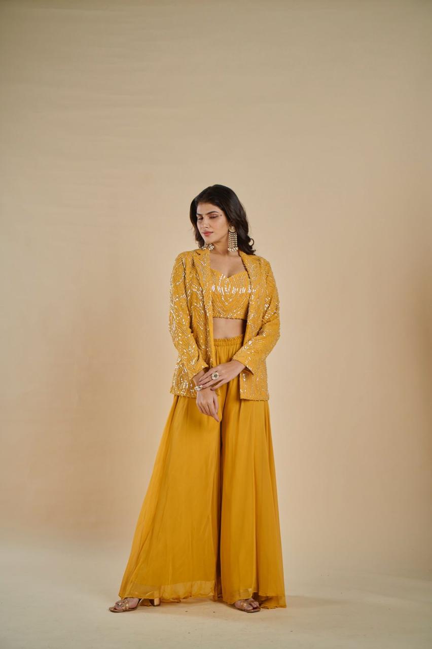 YELLOW COLOUR FOUR IN ONE COMBO DRESS - CROP TOP, SAREE, PLAZZO & JACKET, THIS UNIQUE VERSATILE DRESS CAN BE WORN IN MANY STYLE