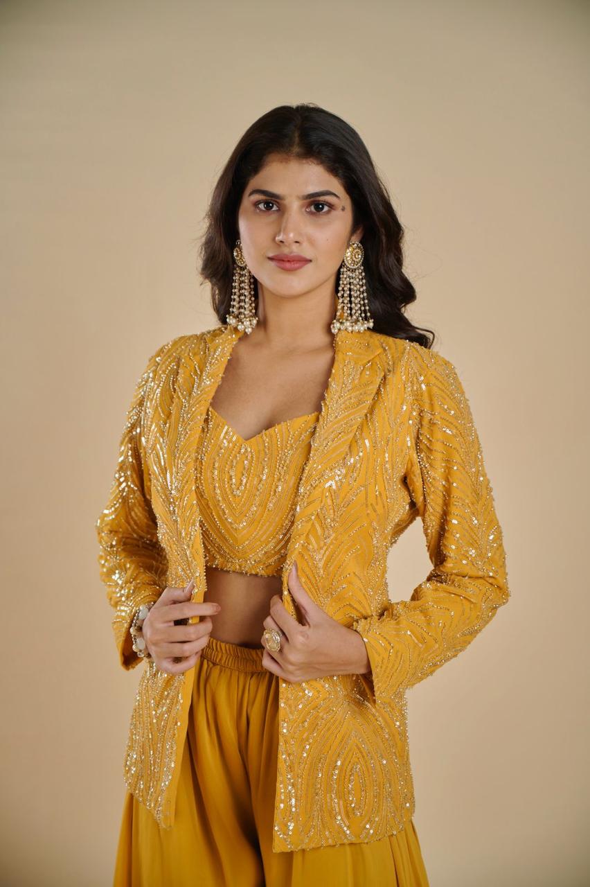 YELLOW COLOUR FOUR IN ONE COMBO DRESS - CROP TOP, SAREE, PLAZZO & JACKET, THIS UNIQUE VERSATILE DRESS CAN BE WORN IN MANY STYLE