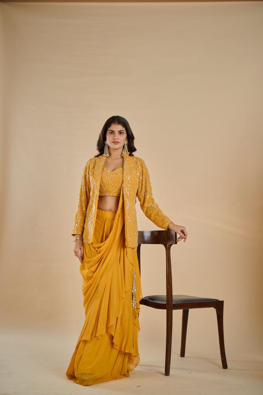 YELLOW COLOUR FOUR IN ONE COMBO DRESS - CROP TOP, SAREE, PLAZZO & JACKET, THIS UNIQUE VERSATILE DRESS CAN BE WORN IN MANY STYLE