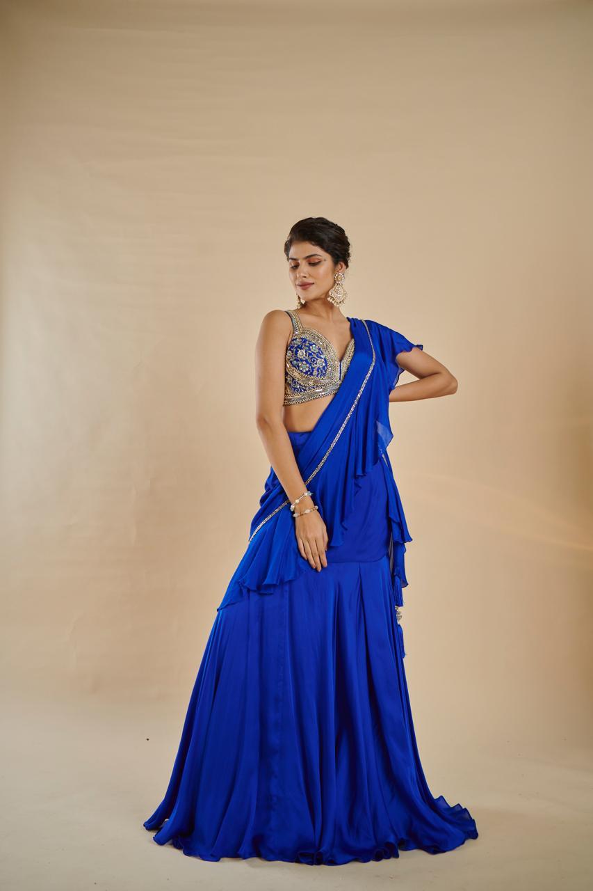 ( DELIVERY IN 15-20 DAYS ) ROYAL BLUE COLOUR CHINON FABRIC READYMADE SAREE WITH READYMADE BLOUSE