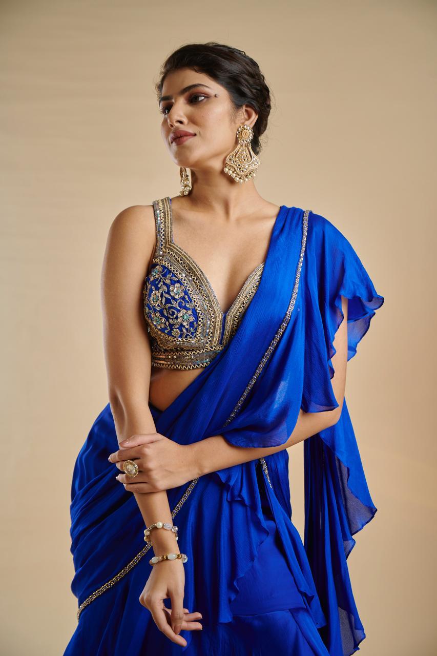 ( DELIVERY IN 15-20 DAYS ) ROYAL BLUE COLOUR CHINON FABRIC READYMADE SAREE WITH READYMADE BLOUSE