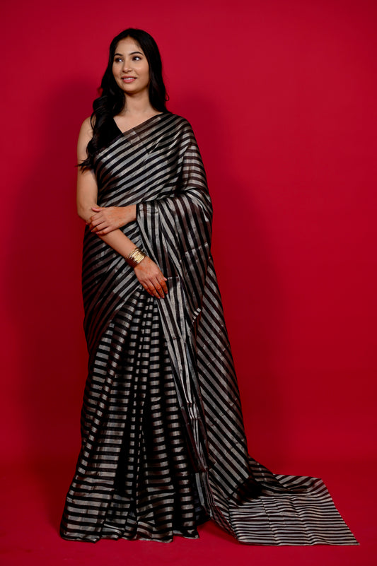 BLACK & SILVER STRIPED CHANDERI TISSUE SAREE WITH MATCHING BLOUSE