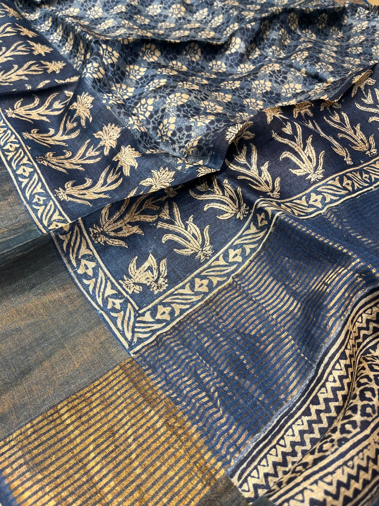 BLUE COLOUR TUSSAR SILK PRINTED SAREE WITH ZARI BORDER