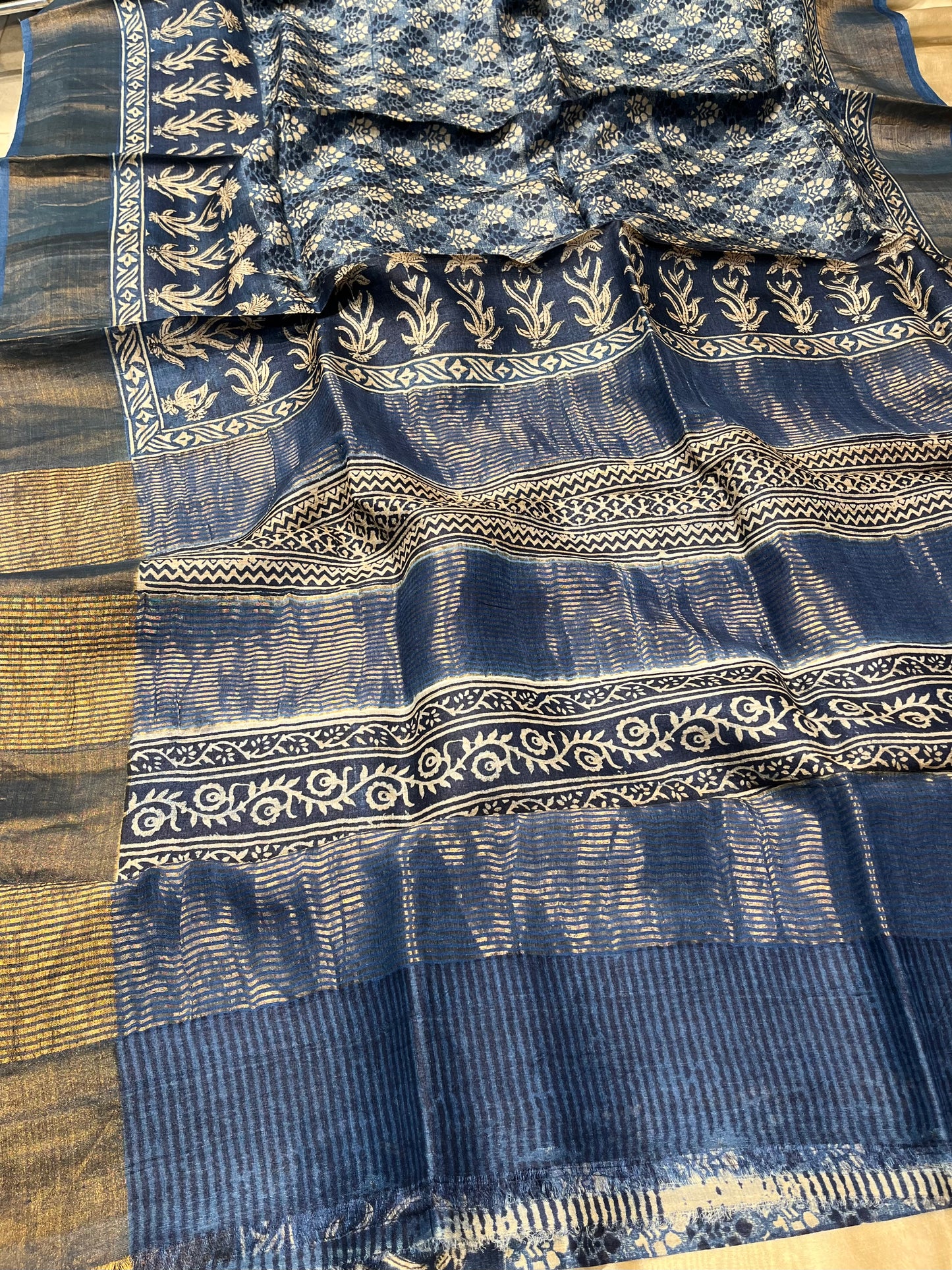 BLUE COLOUR TUSSAR SILK PRINTED SAREE WITH ZARI BORDER