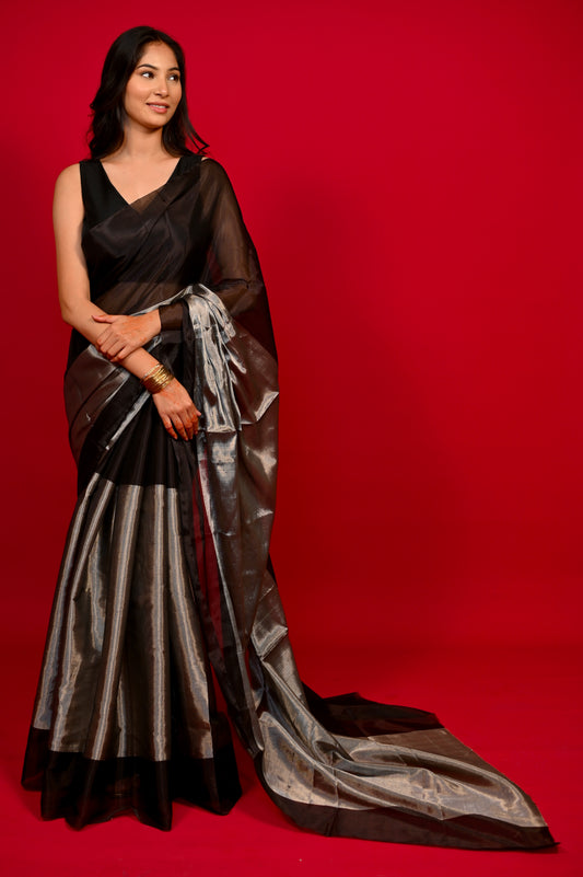 SILVER & BLACK COLOUR CHANDERI TISSUE HANDLOOM SAREE WITH MATCHING BLOUSE