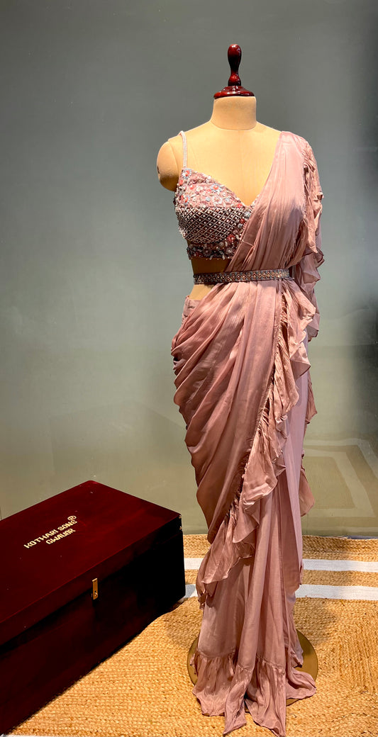 MAUVE COLOUR CHINON RUFFLE READYMADE SAREE WITH EMBROIDERED BLOUSE EMBELLISHED WITH SEQUINS & BEADS WORK