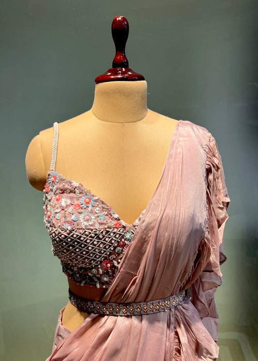 MAUVE COLOUR CHINON RUFFLE READYMADE SAREE WITH EMBROIDERED BLOUSE EMBELLISHED WITH SEQUINS & BEADS WORK