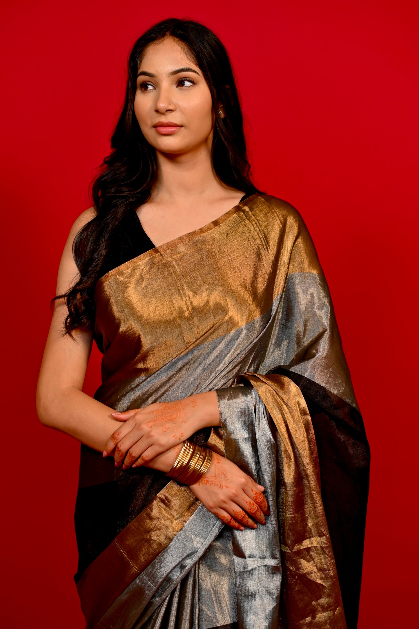 MULTI COLOUR CHANDERI TISSUE HANDLOOM SAREE WITH MATCHING BLOUSE