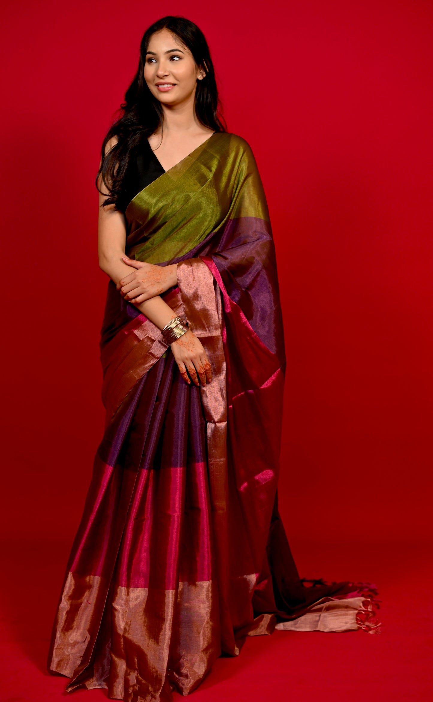 MULTI COLOUR CHANDERI TISSUE HANDLOOM SAREE WITH MATCHING BLOUSE