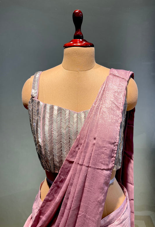 MAUVE COLOUR SHIMMER READYMADE SAREE WITH EMBROIDERED BLOUSE EMBELLISHED WITH CUTDANA WORK