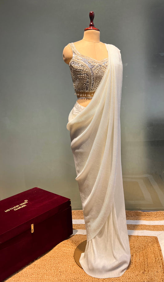 ( DELIVERY IN 25 DAYS ) IVORY COLOUR PLEATED READYMADE SAREE WITH EMBROIDERED BLOUSE EMBELLISHED WITH PEARL & SEQUINS WORK