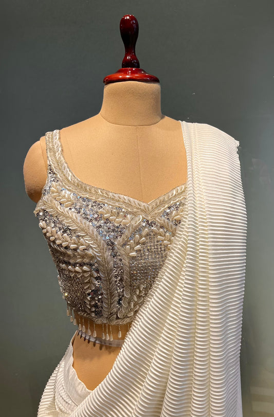 ( DELIVERY IN 25 DAYS ) IVORY COLOUR PLEATED READYMADE SAREE WITH EMBROIDERED BLOUSE EMBELLISHED WITH PEARL & SEQUINS WORK