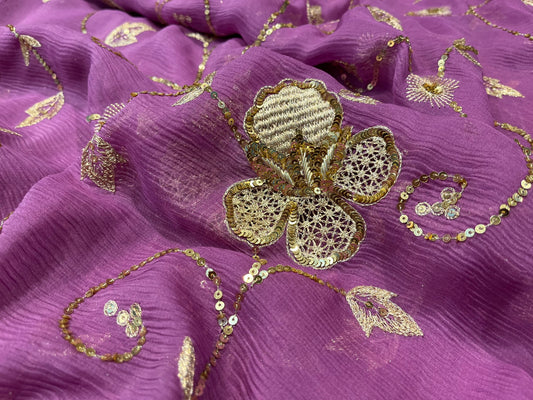 PURPLE COLOUR PURE CHIFFON SEQUINS HAND EMBROIDERED SAREE