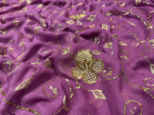 PURPLE COLOUR PURE CHIFFON SEQUINS HAND EMBROIDERED SAREE