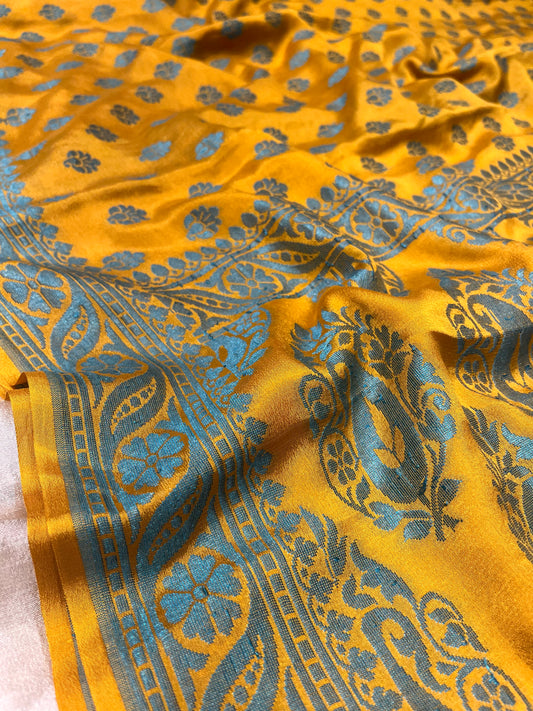 MUSTARD COLOUR CHINON BANARASI SAREE EMBELLISHED WITH RESHAM WEAVE