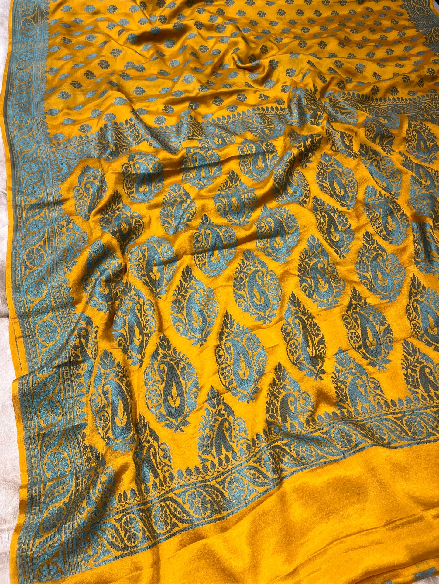 MUSTARD COLOUR CHINON BANARASI SAREE EMBELLISHED WITH RESHAM WEAVE