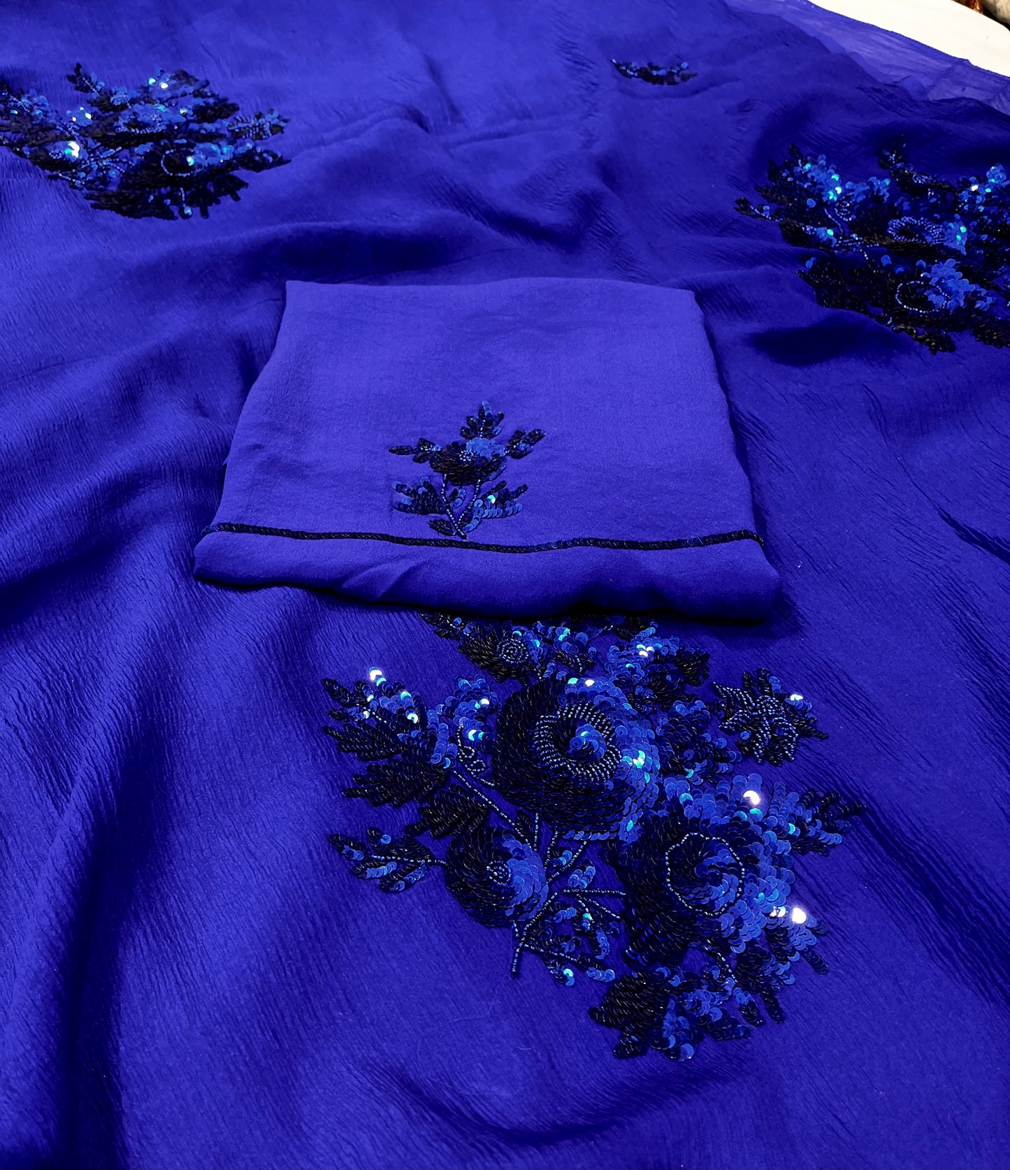 PURE PLATINUM CHIFFON HAND EMBROIDERED SAREE EMBELLISHED WITH SEQUINS & BEADS WORK ( DELIVERY IN 25-30 DAYS ) - Kothari Sons