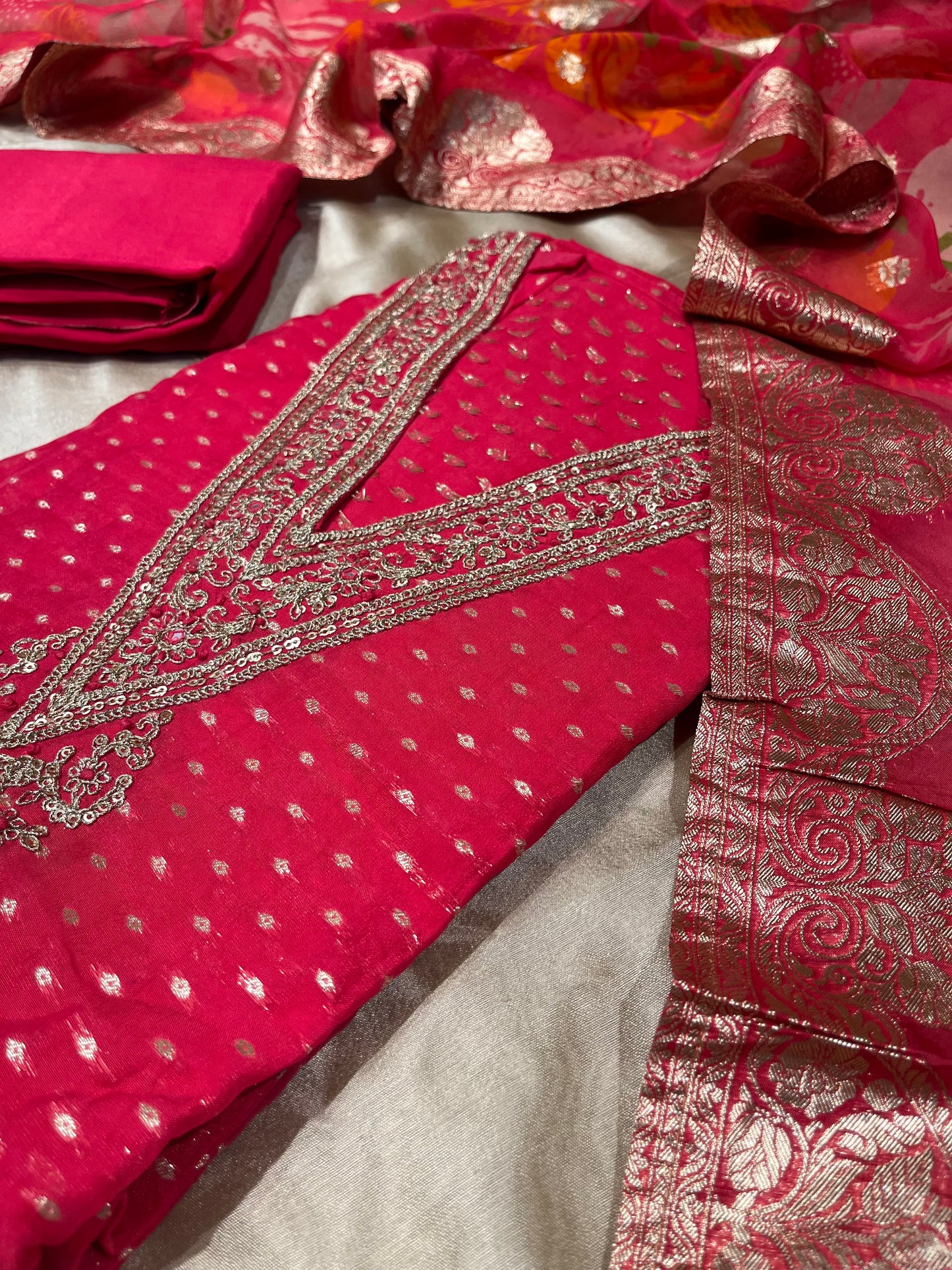 HOT PINK COLOUR ORGANZA UNSTITCHED SUIT WITH PRINTED BANARASI DUPATTA