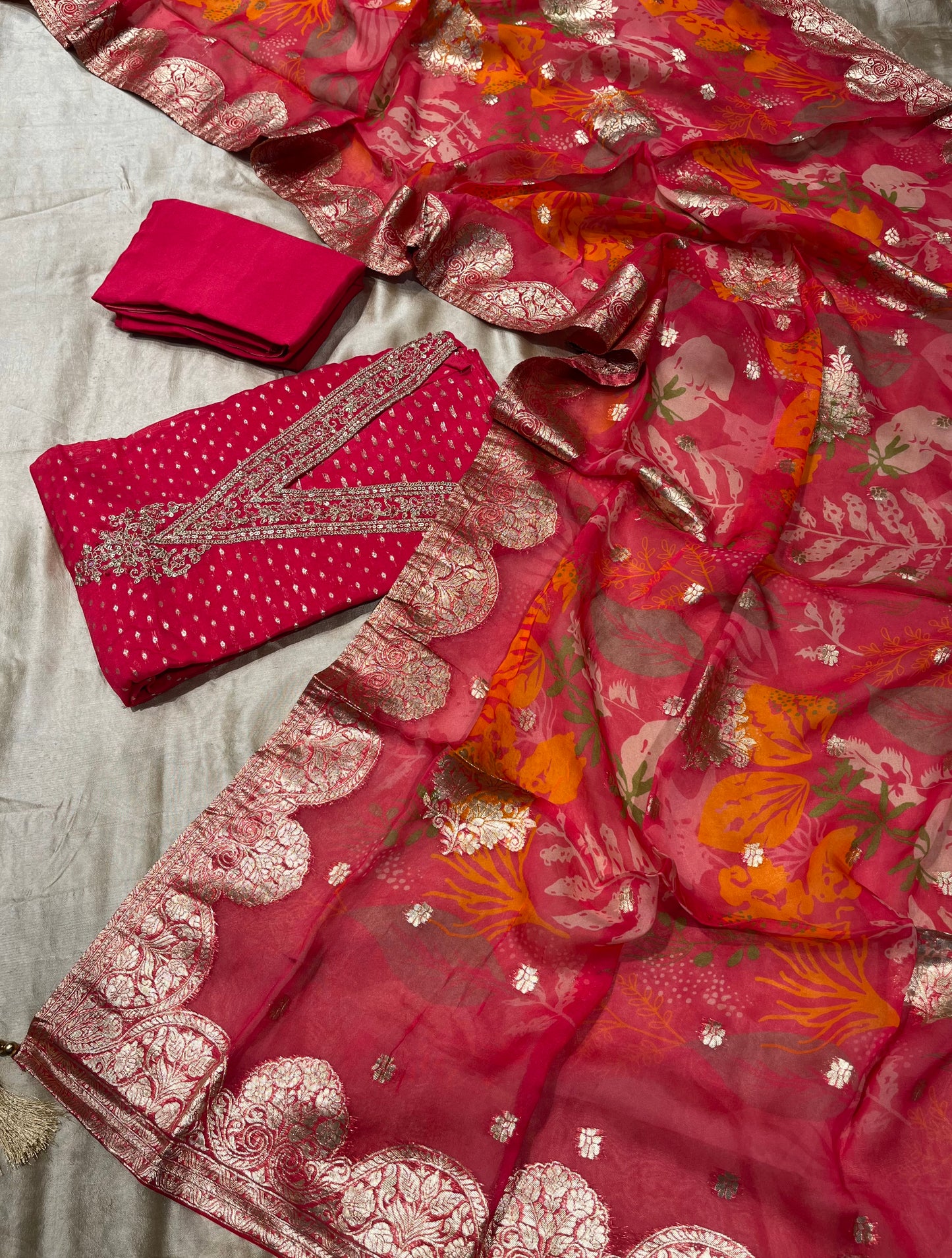 HOT PINK COLOUR ORGANZA UNSTITCHED SUIT WITH PRINTED BANARASI DUPATTA