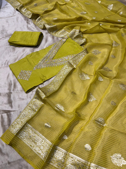 GREEN COLOUR SILK UNSTITCHED SUIT WITH ORGANZA BANARASI DUPATTA EMBELLISHED WITH KASAB EMBROIDERY