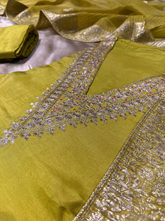 GREEN COLOUR SILK UNSTITCHED SUIT WITH ORGANZA BANARASI DUPATTA EMBELLISHED WITH KASAB EMBROIDERY