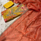 YELLOW COLOUR CREPE TISSUE UNSTITCHED SUIT WITH ORGANZA DUPATTA EMBELLISHED WITH ZARI, SEQUINS & ZARDOZI WORK SAREE