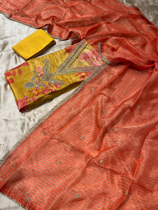 YELLOW COLOUR CREPE TISSUE UNSTITCHED SUIT WITH ORGANZA DUPATTA EMBELLISHED WITH ZARI, SEQUINS & ZARDOZI WORK SAREE