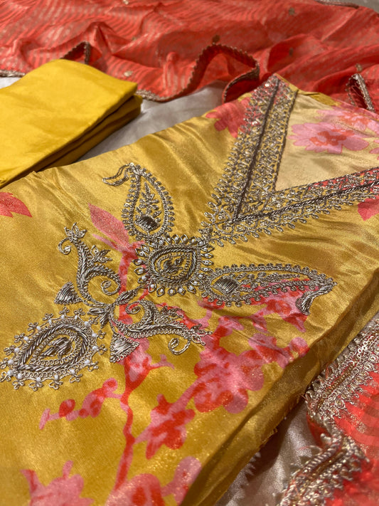 YELLOW COLOUR CREPE TISSUE UNSTITCHED SUIT WITH ORGANZA DUPATTA EMBELLISHED WITH ZARI, SEQUINS & ZARDOZI WORK SAREE