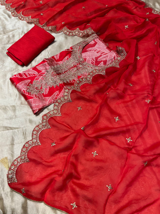 RED COLOUR SATIN SILK PRINTED UNSTITCHED SUIT WITH ORGANZA DUPATTA EMBELLISHED WITH SEQUINS WORK